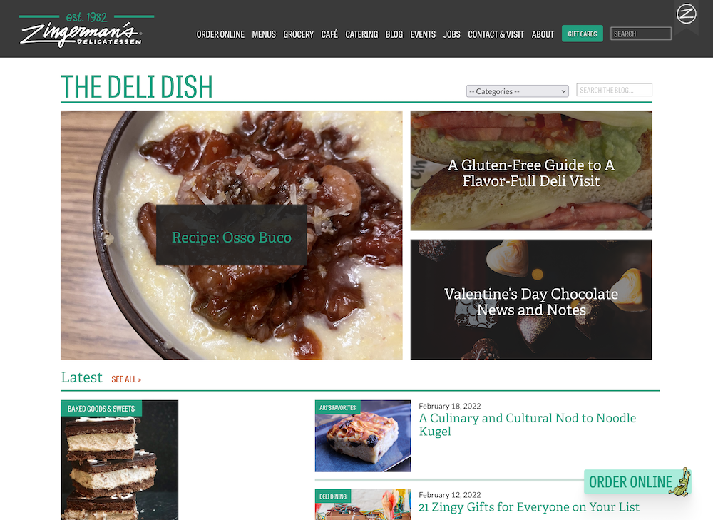 Zingerman's Deli website with an order online button in the bottom right hand corner.