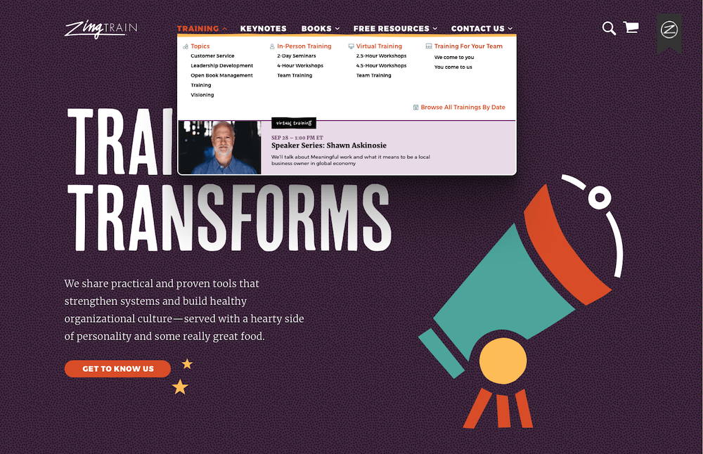 ZingTrain site main navigation with a dropdown menu